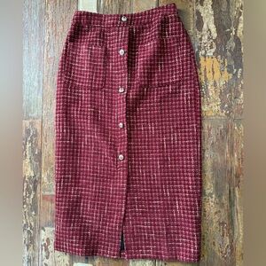 Tweed Style Woven Burgundy Gold Plaid Pencil Skirt Academia Office | Size S / 4